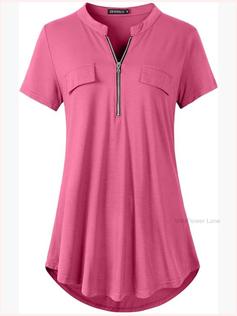 V Neck Zip Front Plaid Tunic Short Sleeve Summer Casual Blouse